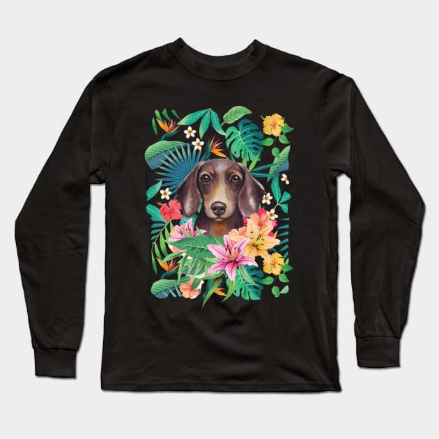 Tropical Chocolate Tan Dachshund Doxie Long Sleeve T-Shirt by LulululuPainting